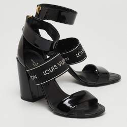 Louis Vuitton Black Patent Leather and Logo Elastic Ankle Strap Sandals Size 37.5