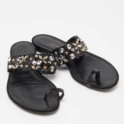 مملوكة مسبقًا Louis Vuitton Black Satin Embellished Flat Slides Size 37.5   