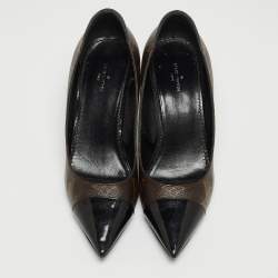 Pre Owned Louis Vuitton Brown Monogram Canvas and Black Patent Leather Cap Toe Fetish Pointed-Toe Pumps Size 37