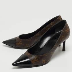 Pre Owned Louis Vuitton Brown Monogram Canvas and Black Patent Leather Cap Toe Fetish Pointed-Toe Pumps Size 37