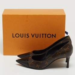 Pre Owned Louis Vuitton Brown Monogram Canvas and Black Patent Leather Cap Toe Fetish Pointed-Toe Pumps Size 37