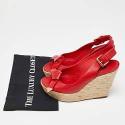 مملوكة مسبقًا Louis Vuitton Red Leather Bow Open Toe Espadrille Wedge Platform Pumps Size 37