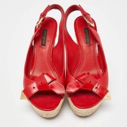 مملوكة مسبقًا Louis Vuitton Red Leather Bow Open Toe Espadrille Wedge Platform Pumps Size 37