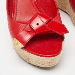 مملوكة مسبقًا Louis Vuitton Red Leather Bow Open Toe Espadrille Wedge Platform Pumps Size 37