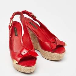 مملوكة مسبقًا Louis Vuitton Red Leather Bow Open Toe Espadrille Wedge Platform Pumps Size 37