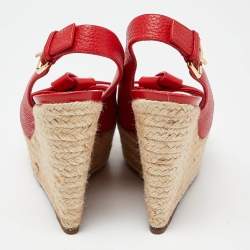 مملوكة مسبقًا Louis Vuitton Red Leather Bow Open Toe Espadrille Wedge Platform Pumps Size 37