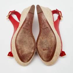 مملوكة مسبقًا Louis Vuitton Red Leather Bow Open Toe Espadrille Wedge Platform Pumps Size 37