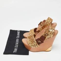 Louis Vuitton Gold Sequins Platform Wedge Ankle Wrap Sandals Size 38