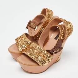 Louis Vuitton Gold Sequins Platform Wedge Ankle Wrap Sandals Size 38