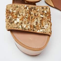 Louis Vuitton Gold Sequins Platform Wedge Ankle Wrap Sandals Size 38