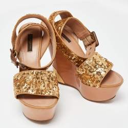 Louis Vuitton Gold Sequins Platform Wedge Ankle Wrap Sandals Size 38