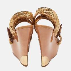 Louis Vuitton Gold Sequins Platform Wedge Ankle Wrap Sandals Size 38