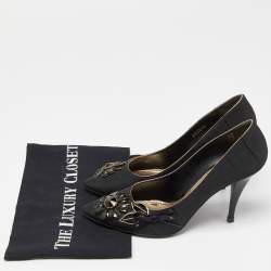 Pre Owned Louis Vuitton Black Pleated Satin Pointed Flower Embellished Pumps Size 37.5