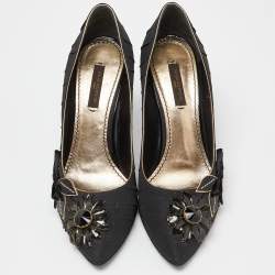 Pre Owned Louis Vuitton Black Pleated Satin Pointed Flower Embellished Pumps Size 37.5