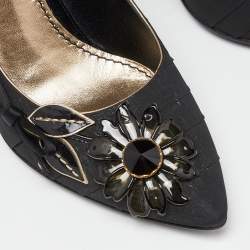Pre Owned Louis Vuitton Black Pleated Satin Pointed Flower Embellished Pumps Size 37.5
