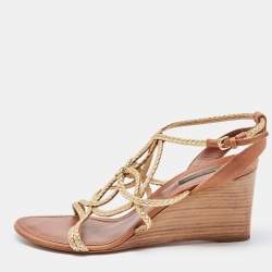 Louis Vuitton Gold/Brown Leather Wedge Sandals Size 40