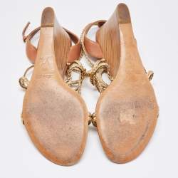 Louis Vuitton Gold/Brown Leather Wedge Sandals Size 40