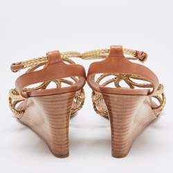 Louis Vuitton Gold/Brown Leather Wedge Sandals Size 40
