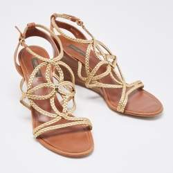 Louis Vuitton Gold/Brown Leather Wedge Sandals Size 40