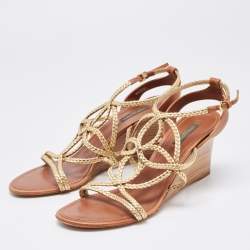 Louis Vuitton Gold/Brown Leather Wedge Sandals Size 40