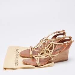 Louis Vuitton Gold/Brown Leather Wedge Sandals Size 40