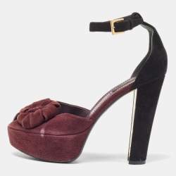 Louis Vuitton Burgundy/Black Suede Flower Peep Toe Platform Ankle Strap Sandals Size 37.5