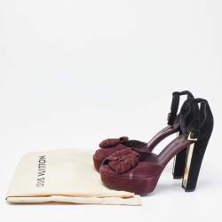 Louis Vuitton Burgundy/Black Suede Flower Peep Toe Platform Ankle Strap Sandals Size 37.5
