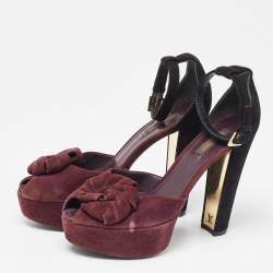 Louis Vuitton Burgundy/Black Suede Flower Peep Toe Platform Ankle Strap Sandals Size 37.5