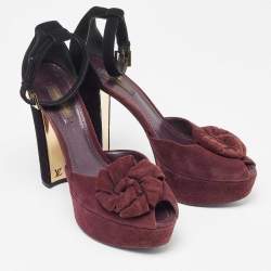 Louis Vuitton Burgundy/Black Suede Flower Peep Toe Platform Ankle Strap Sandals Size 37.5