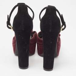 Louis Vuitton Burgundy/Black Suede Flower Peep Toe Platform Ankle Strap Sandals Size 37.5