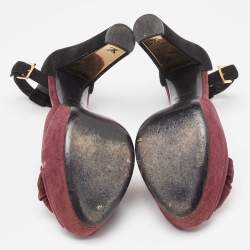 Louis Vuitton Burgundy/Black Suede Flower Peep Toe Platform Ankle Strap Sandals Size 37.5