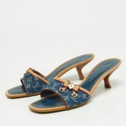 Louis Vuitton Blue/Beige Monogram Denim Bow Slide Sandals Size 37.5