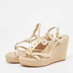 Louis Vuitton Cream Canvas Wedge Espadrilles Sandals Size 39.5