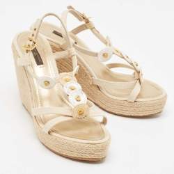 Louis Vuitton Cream Canvas Wedge Espadrilles Sandals Size 39.5