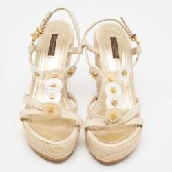 Louis Vuitton Cream Canvas Wedge Espadrilles Sandals Size 39.5