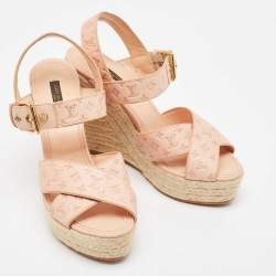 Louis Vuitton Beige Monogram Denim Formentera Espadrilles Wedge Sandals Size 38