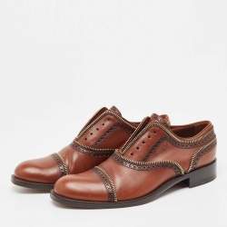 Pre Owned Louis Vuitton Brown Brogue Leather Zip Trim Slip On Oxfords Size 38.5