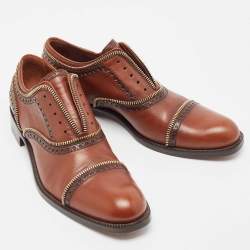 Pre Owned Louis Vuitton Brown Brogue Leather Zip Trim Slip On Oxfords Size 38.5