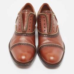 Pre Owned Louis Vuitton Brown Brogue Leather Zip Trim Slip On Oxfords Size 38.5