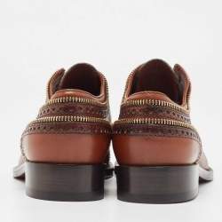 Pre Owned Louis Vuitton Brown Brogue Leather Zip Trim Slip On Oxfords Size 38.5