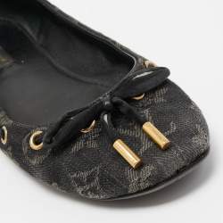 Pre Owned Louis Vuitton Black Monogram Denim Bow Ballet Flats Size 38