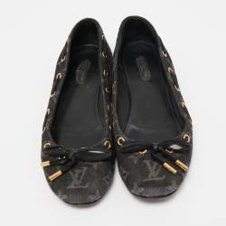 Pre Owned Louis Vuitton Black Monogram Denim Bow Ballet Flats Size 38