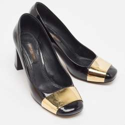 Pre Owned Louis Vuitton Black Patent Leather Gold Plate Block Heel Pumps Size 36