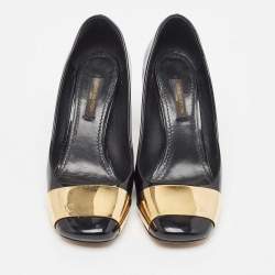 Pre Owned Louis Vuitton Black Patent Leather Gold Plate Block Heel Pumps Size 36