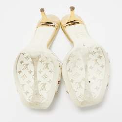 Louis Vuitton White Leather and Monogram Canvas Slide Sandals Size 37.5