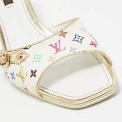 Louis Vuitton White Leather and Monogram Canvas Slide Sandals Size 37.5