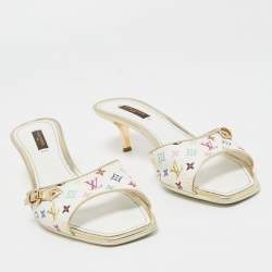 Louis Vuitton White Leather and Monogram Canvas Slide Sandals Size 37.5