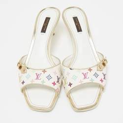 Louis Vuitton White Leather and Monogram Canvas Slide Sandals Size 37.5