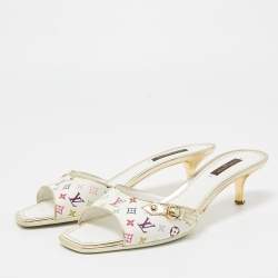 Louis Vuitton White Leather and Monogram Canvas Slide Sandals Size 37.5