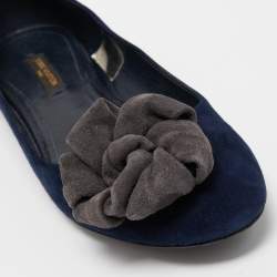 Pre Owned Louis Vuitton Navy Blue Suede Flower Embellished Ballet Flats Size 36.5